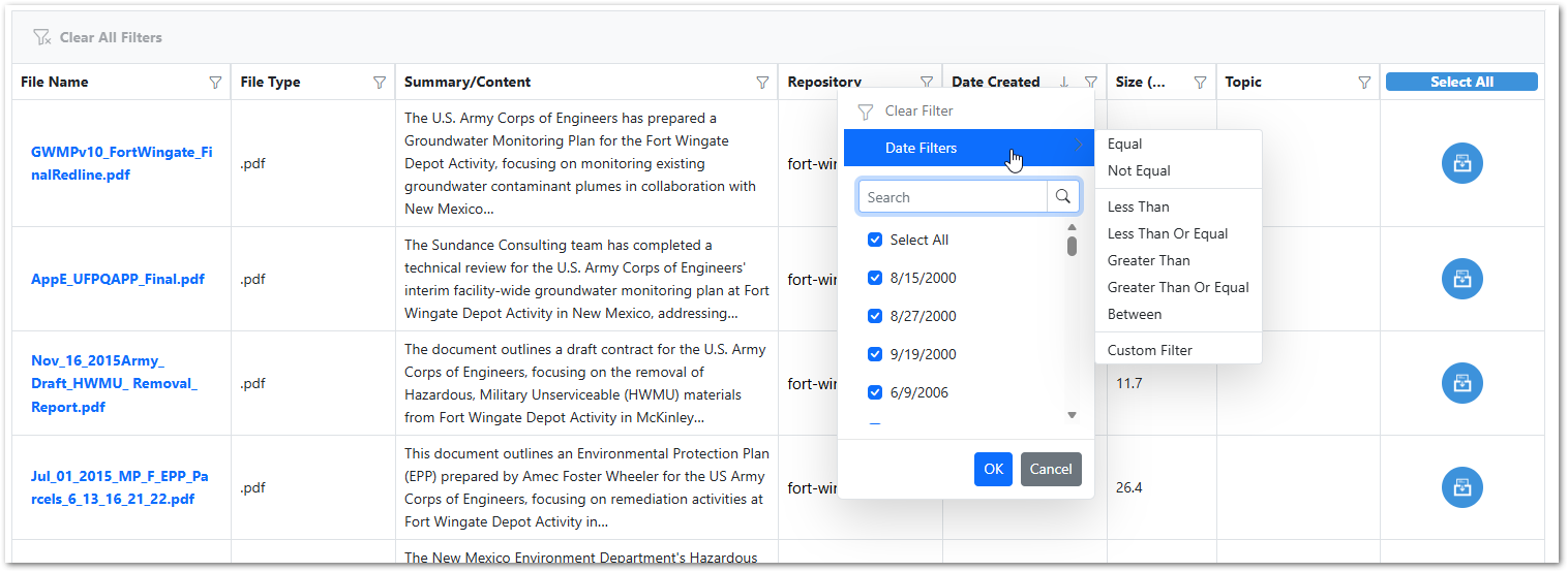 Helios Search Filtering Dialog